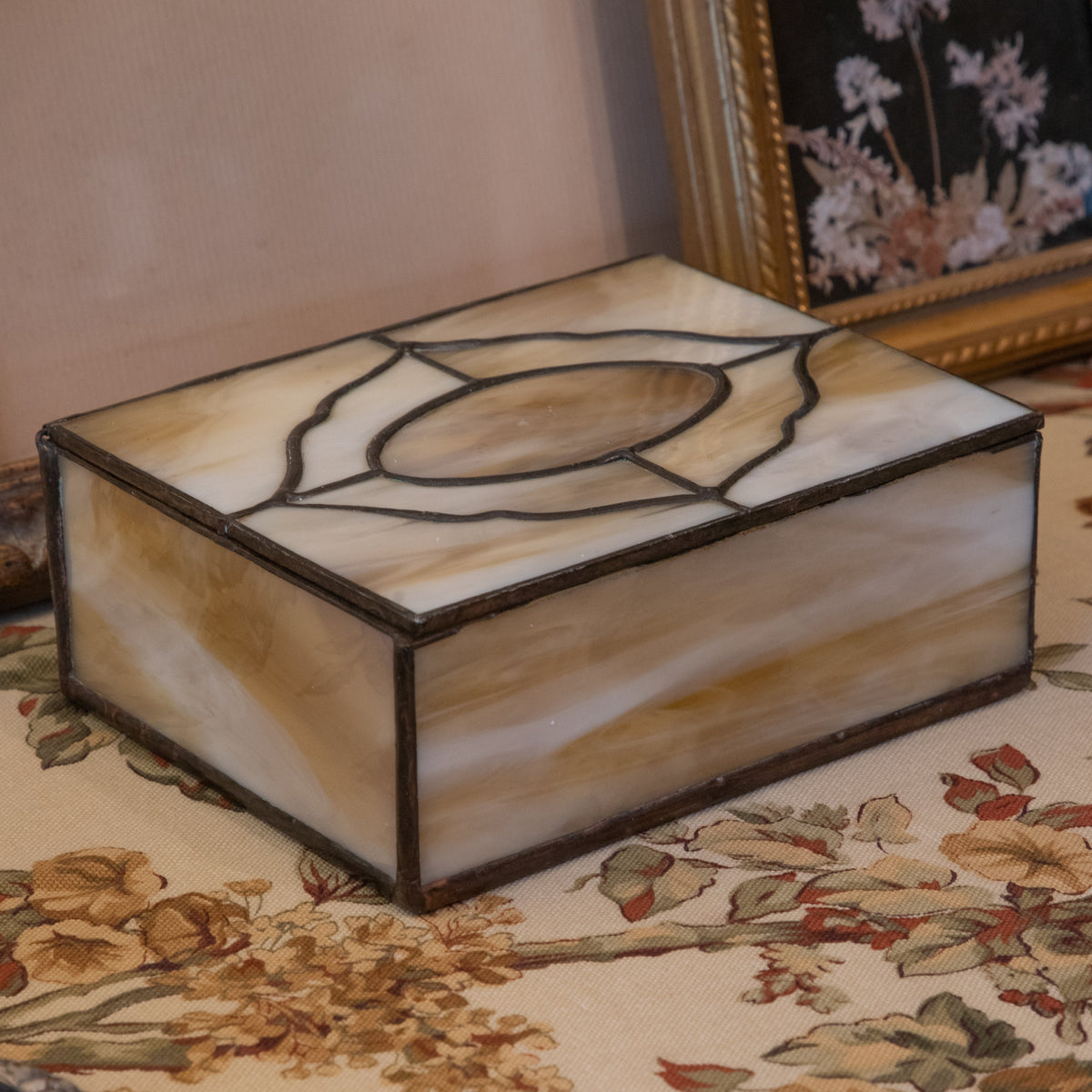 Vintage Amber & Cream Stained Glass Trinket Box