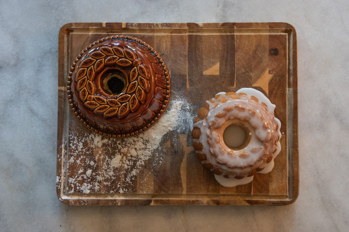 Vintage Brown Glazed Ceramic Bundt Cake Pan with Leaf Motif