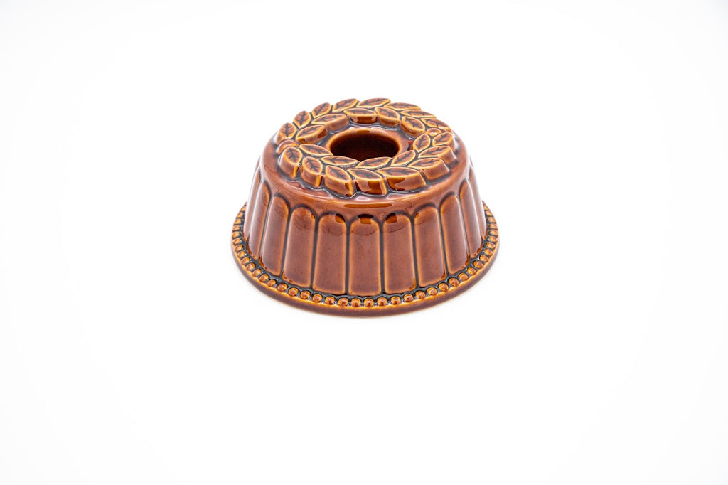 Vintage Brown Glazed Ceramic Bundt Cake Pan with Leaf Motif