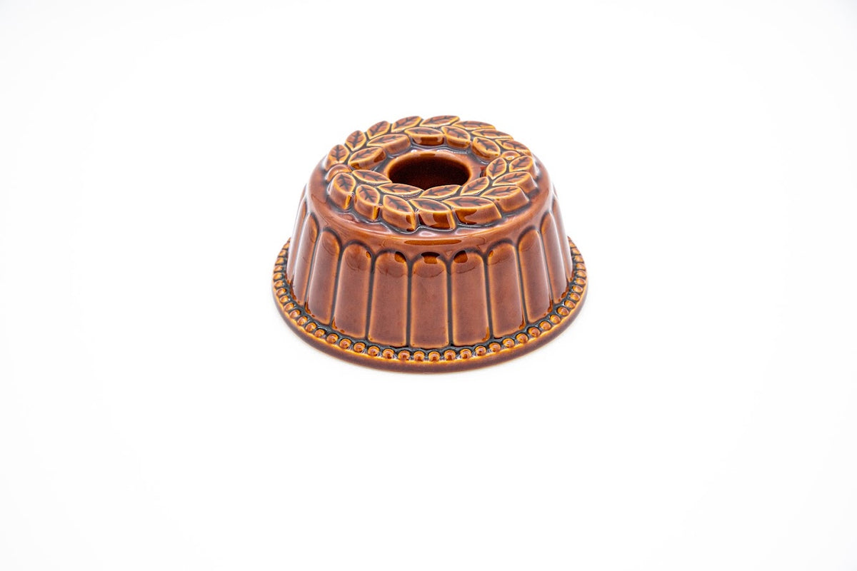 Vintage Brown Glazed Ceramic Bundt Cake Pan with Leaf Motif