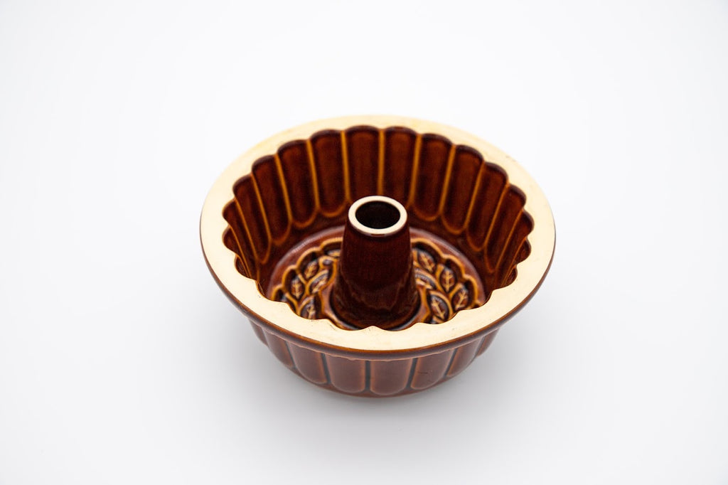 Vintage Brown Glazed Ceramic Bundt Cake Pan with Leaf Motif