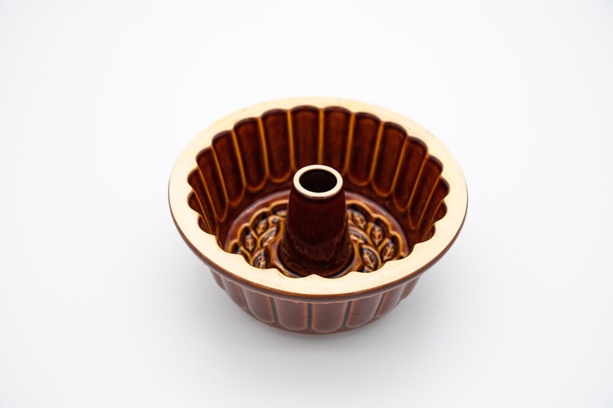 Vintage Brown Glazed Ceramic Bundt Cake Pan with Leaf Motif