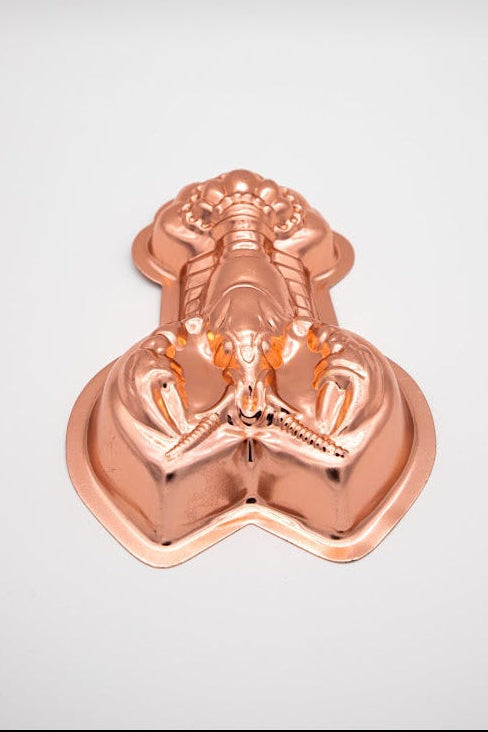 Vintage copper-washed lobster jelly mold, top view