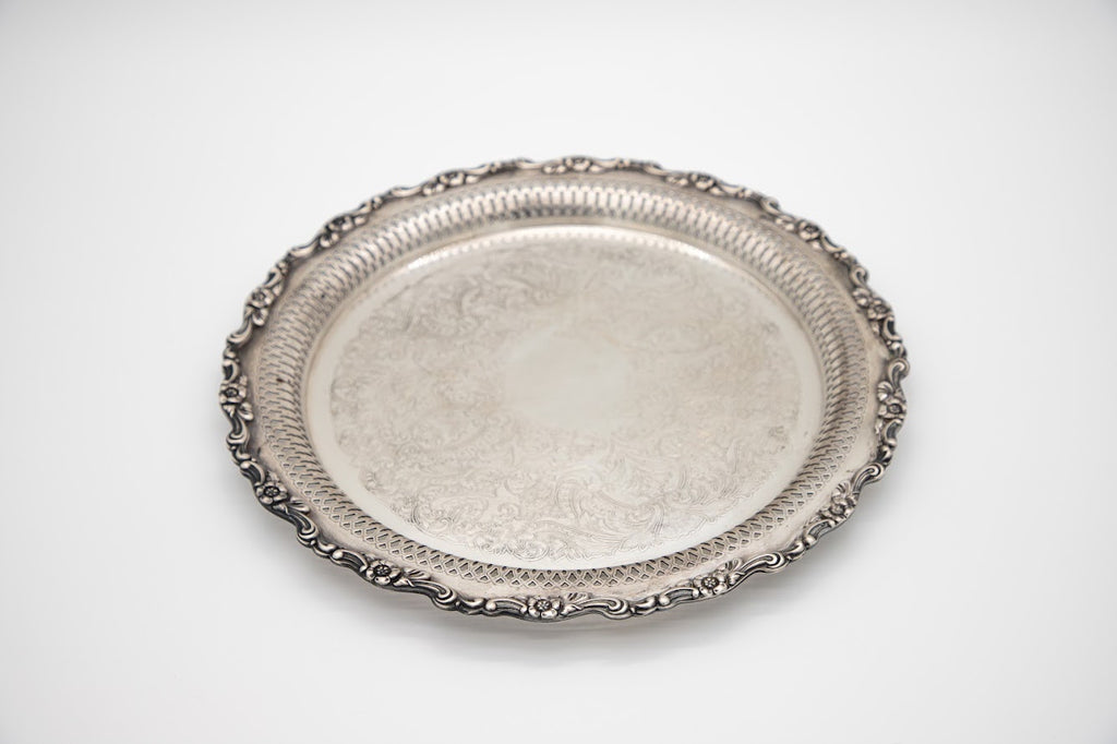 Vintage Oneida Pierced & Engraved Round Serving Tray