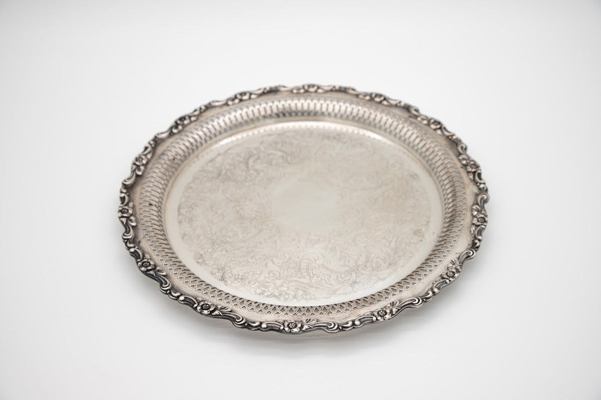 Vintage Oneida Pierced & Engraved Round Serving Tray