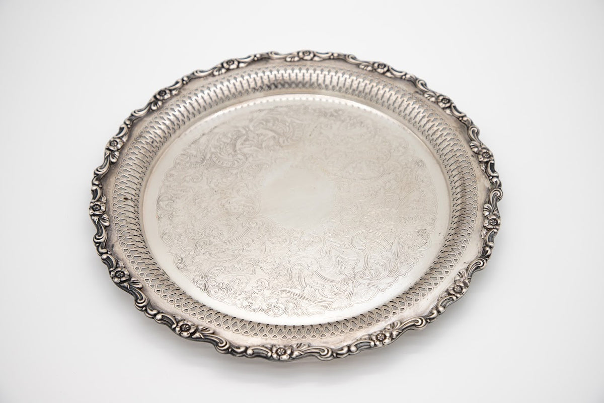 Vintage Oneida Pierced & Engraved Round Serving Tray
