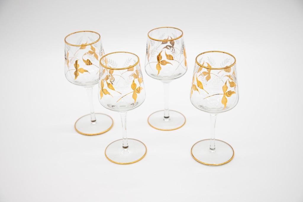 Vintage Mid Century Gold Leaf Etched Wine Glasses, Set of 4