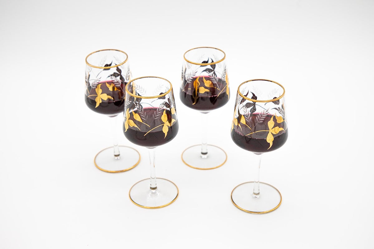 Vintage Mid Century Gold Leaf Etched Wine Glasses, Set of 4