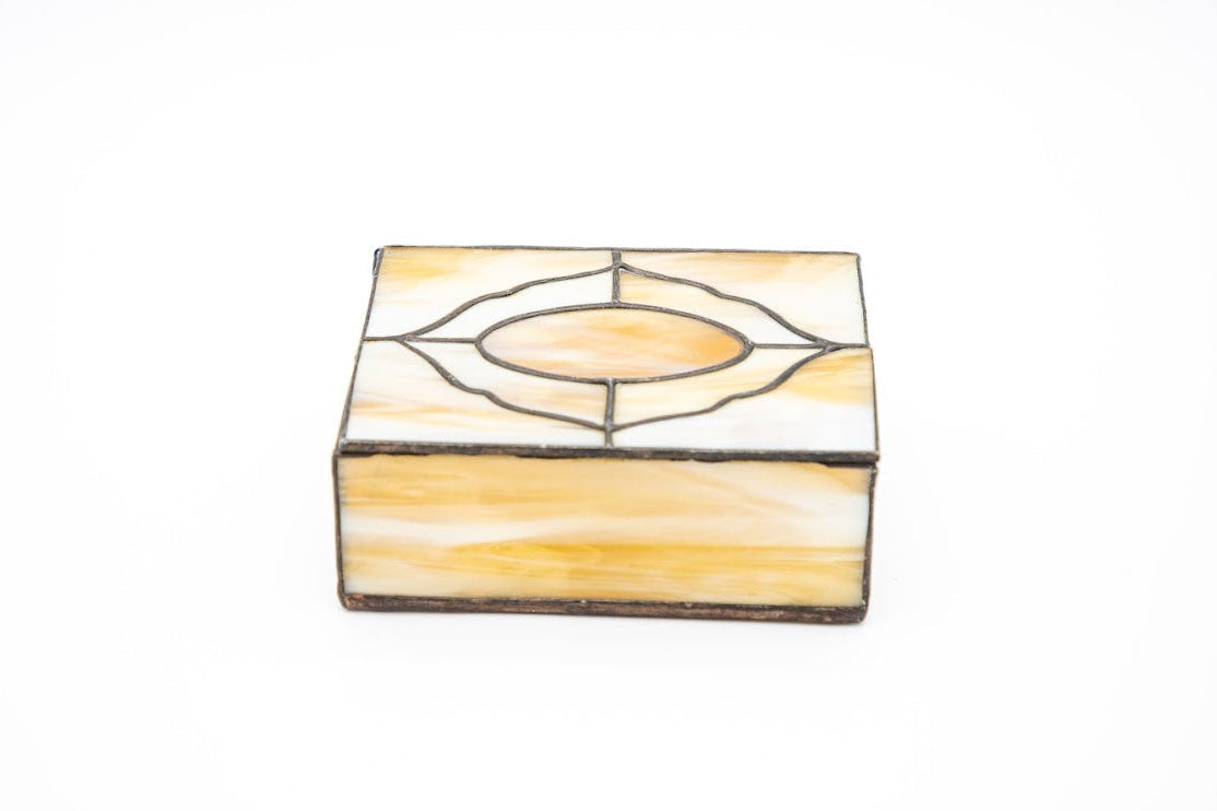 Vintage Amber & Cream Stained Glass Trinket Box
