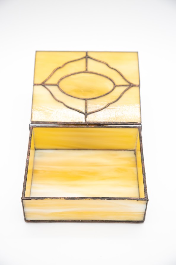 Vintage Amber & Cream Stained Glass Trinket Box