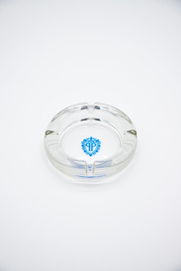 The Plaza Hotel New York vintage glass ashtray with cobalt blue PP crest, top view