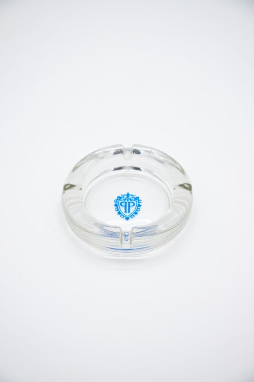 The Plaza Hotel New York vintage glass ashtray with cobalt blue PP crest, top view