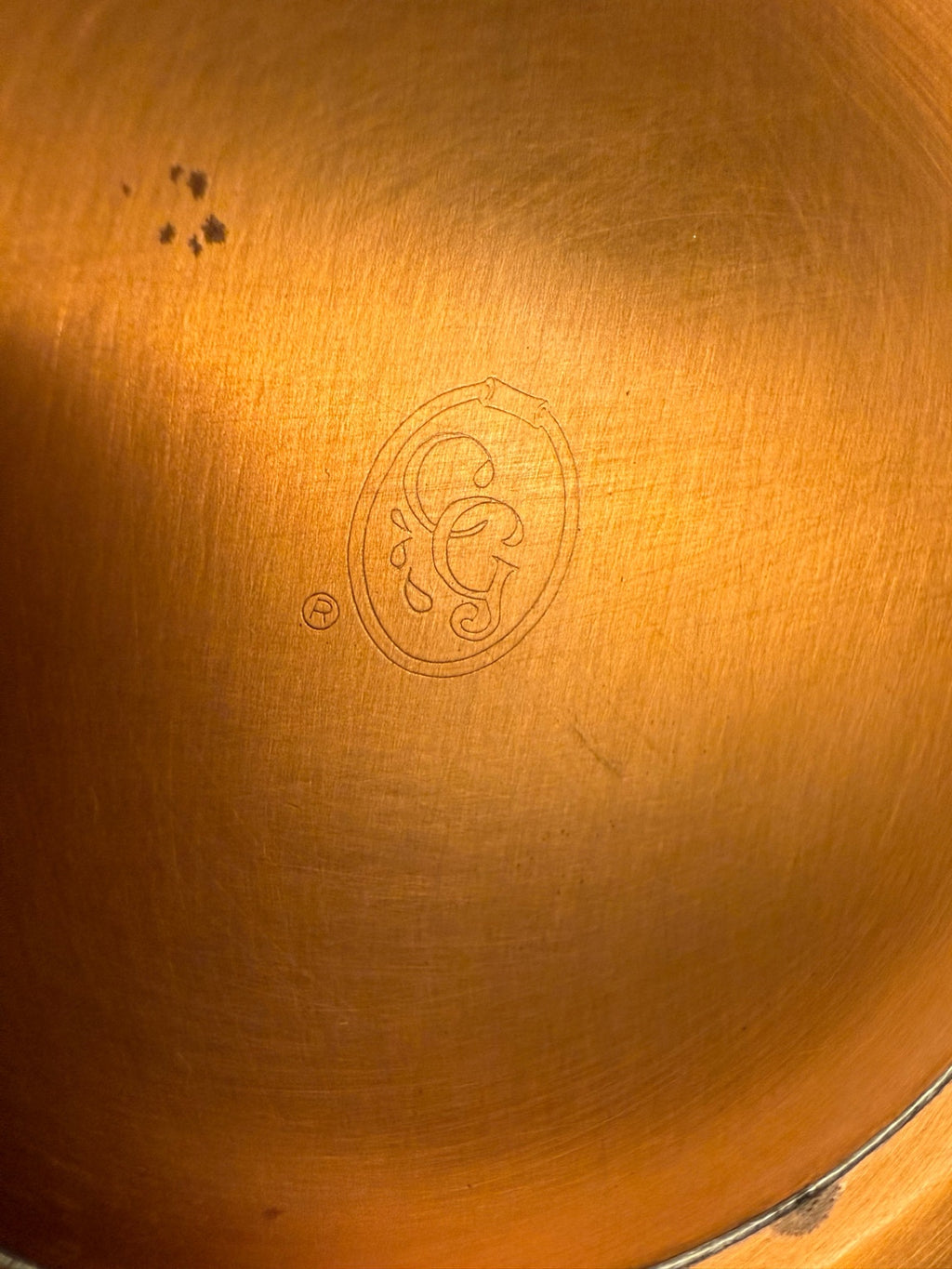 Coppercraft Guild registered maker mark inside vintage copper bowl